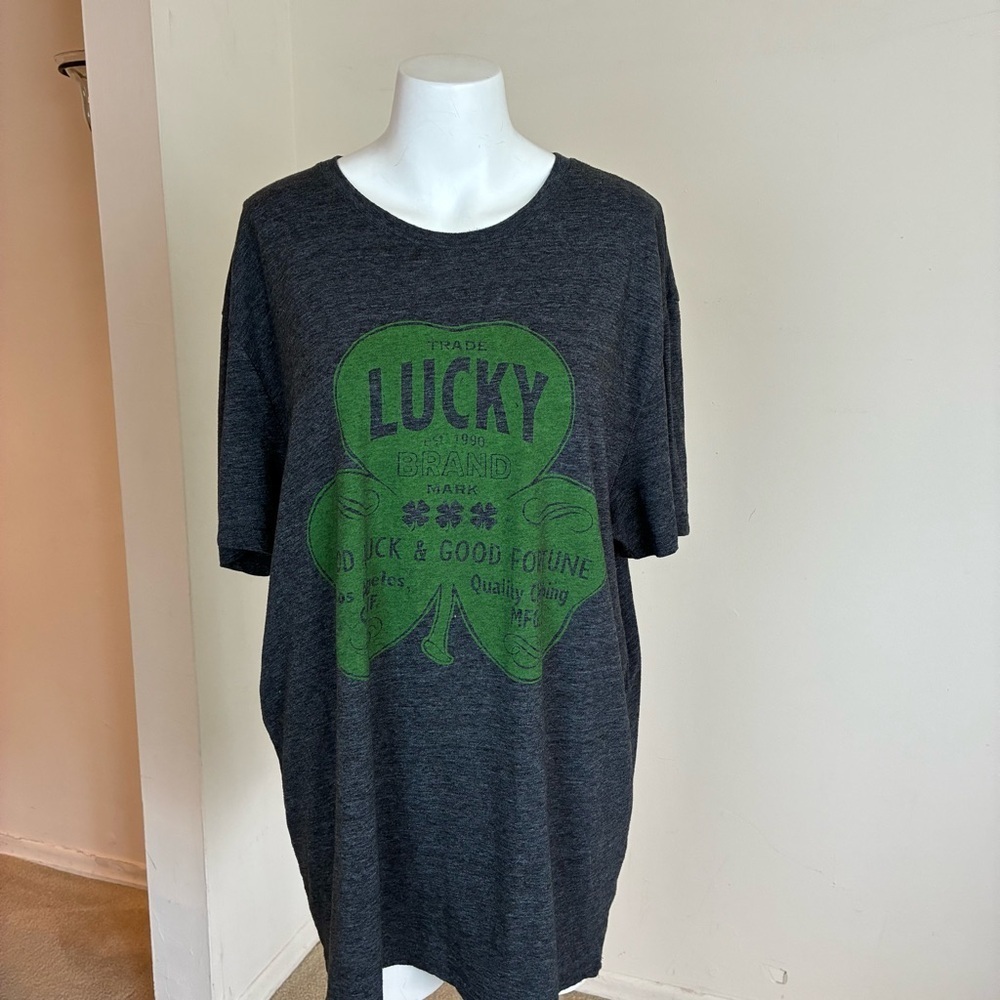 Lucky Brand Dark Gray and Green Shamrock Print Short Sleeve Tee- XL